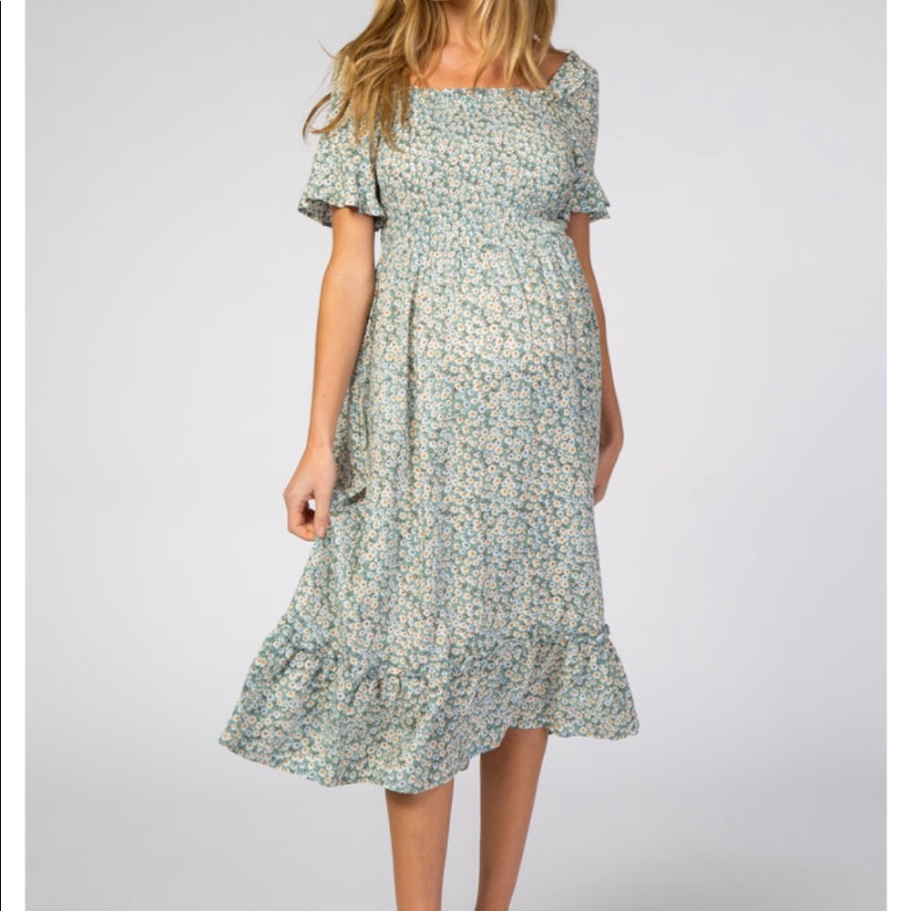 PinkBlush Light Blue Floral Ruffle Maternity Midi Dress